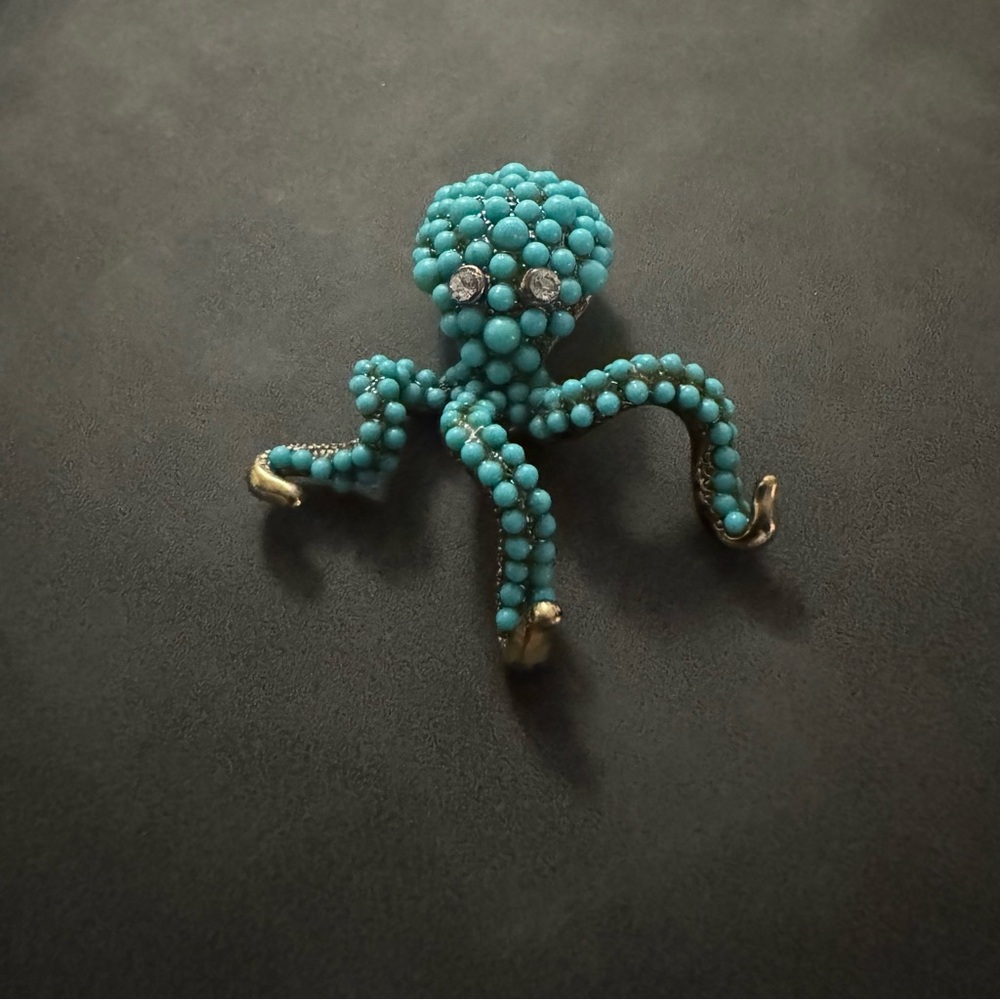 Vintage Turquoise Beaded Crystal Sea Octopus 2" Necklace Pendant